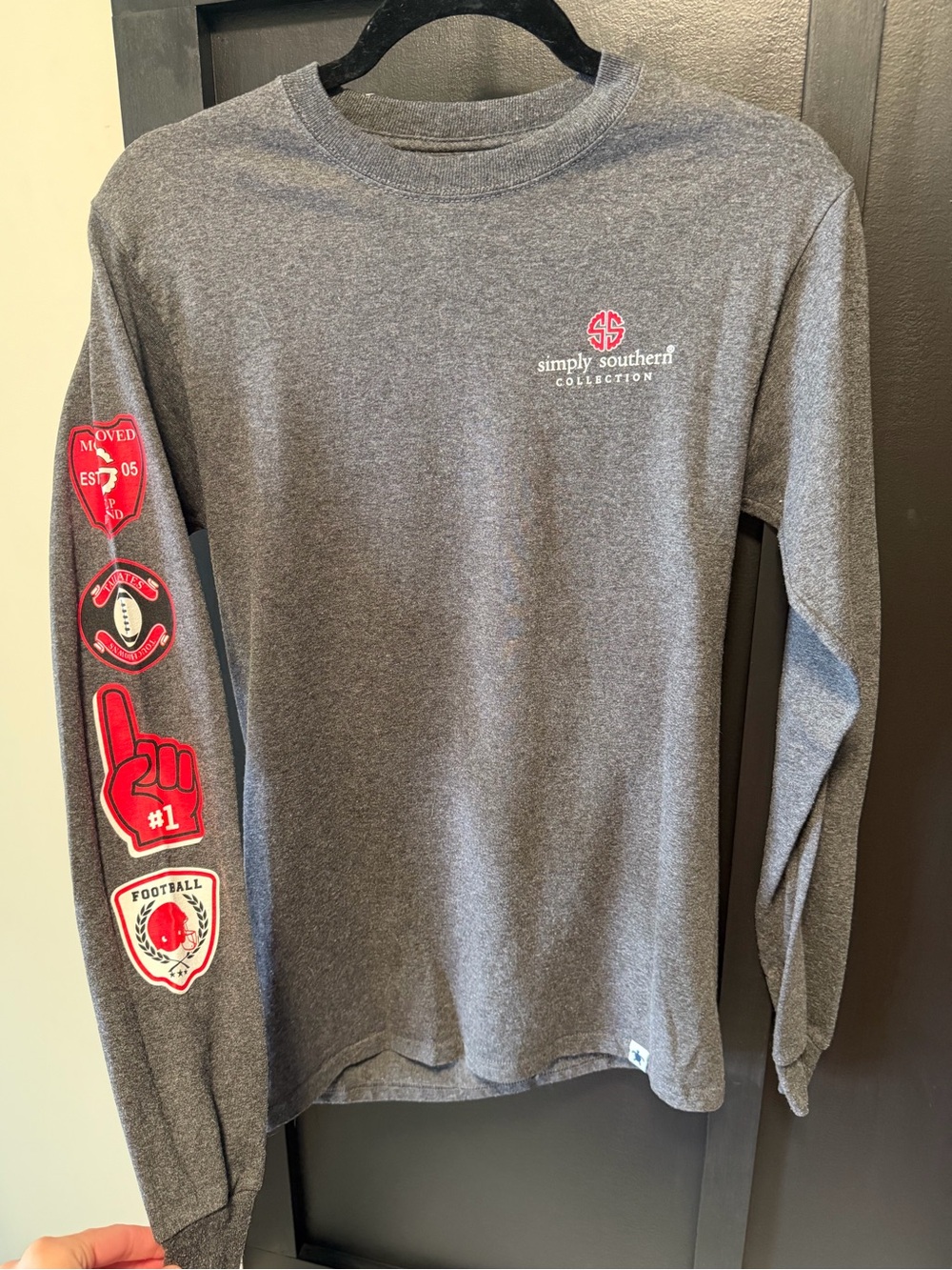Simply Southern Gray Long Sleeve Tee with Red Patch Accents